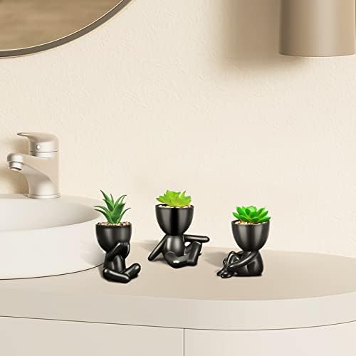 Pack of 4 Matte Black Faux Plants with Human Shaped Pots