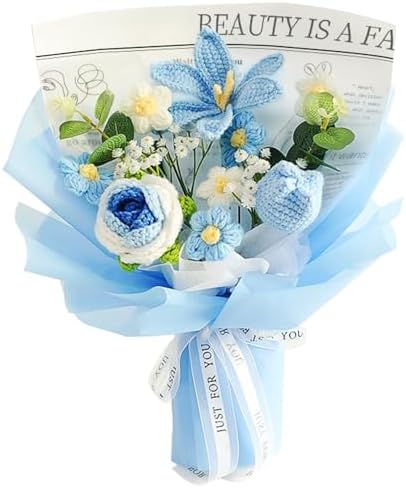 Crochet Flower Bouquet with Rose and Tulips Blue