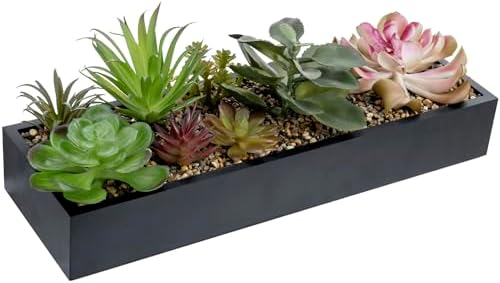 MyGift Artificial Succulent Arrangement in Black Rectangular Planter