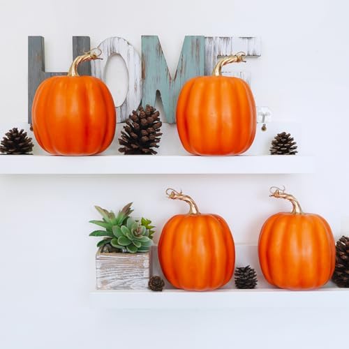 Winlyn 4 Pcs Artificial Orange Pumpkins Fall Decor