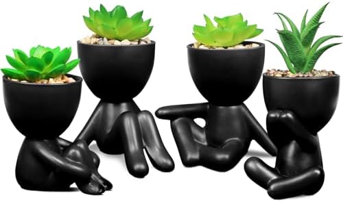 Pack of 4 Matte Black Faux Plants with Human Shaped Pots