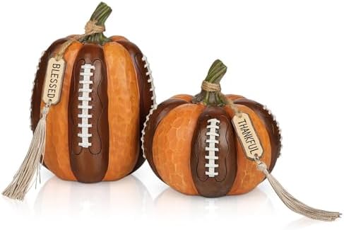 Artificial Football Pumpkins Resin Set of 2 Fall Decor