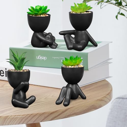 Pack of 4 Matte Black Faux Plants with Human Shaped Pots
