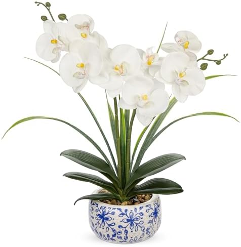 Oairse White Orchids Artificial Flowers in Blue Pot