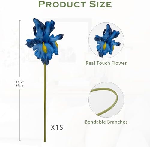 Hollyone Iris Artificial Flowers 15Pcs Blue 142 Inch Real Touch Bouquet