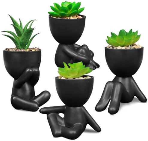 Pack of 4 Matte Black Faux Plants with Human Shaped Pots