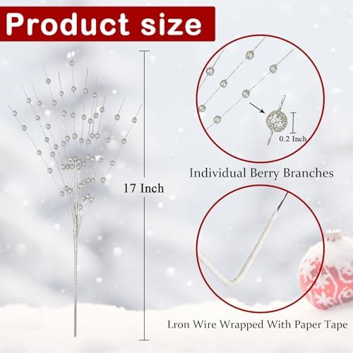 20 Pack Silver Glitter Berry Stems for Christmas Decor
