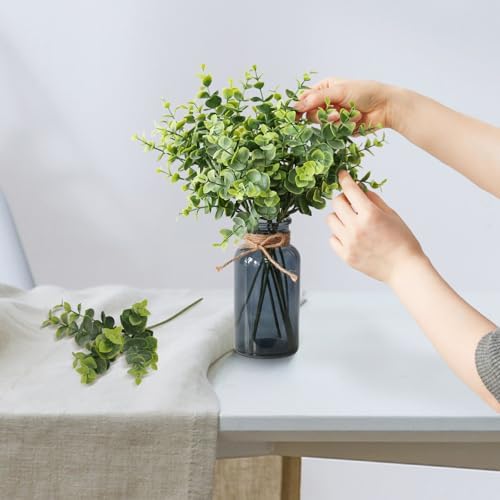 Leftover 8 Pcs Faux Eucalyptus Stems in Black Glass Vase