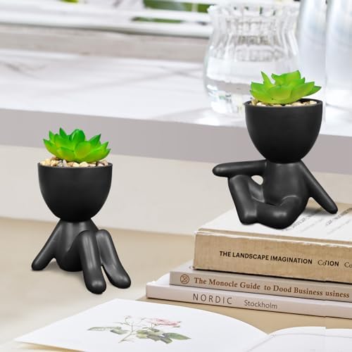 Pack of 4 Matte Black Faux Plants with Human Shaped Pots