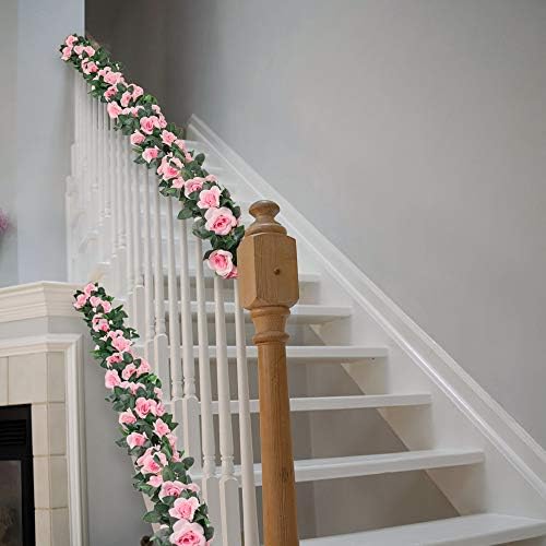 LESING Pink Artificial Rose Vines Garlands 4PCS 288FT