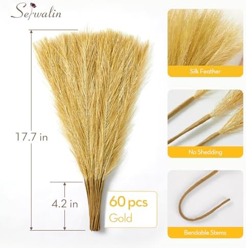 Serwalin 60Pcs Artificial Gold Pampas Grass Decor