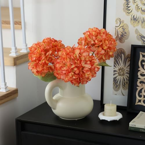 Mizii 4Pcs Orange Artificial Hydrangea with Leaves and Stems