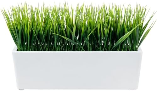 MyGift 14 Inch Artificial Green Grass in White Concrete Planter