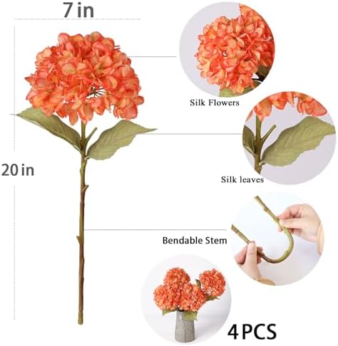 Mizii 4Pcs Orange Artificial Hydrangea with Leaves and Stems