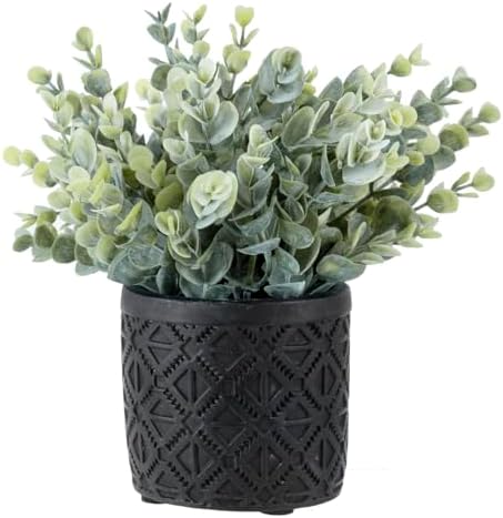 MyGift Artificial Eucalyptus Plant in Gray Concrete Pots with Geometric Pattern