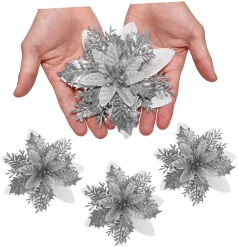 Christmas Glitter Poinsettia Artificial Flowers with Clips and Stems