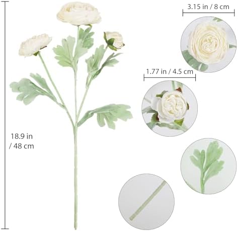 IPOPU White Silk Ranunculus Artificial Flowers 5PCS with Stems