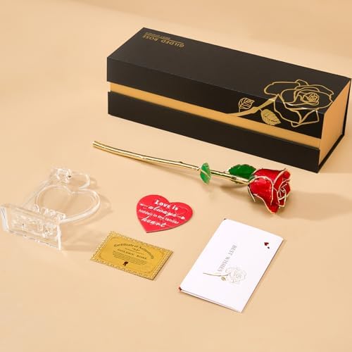 Mikasol Real 24K Gold Dipped Rose with Heart Puzzle Base