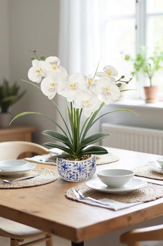 Oairse White Orchids Artificial Flowers in Blue Pot