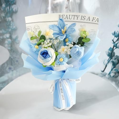 Crochet Flower Bouquet with Rose and Tulips Blue