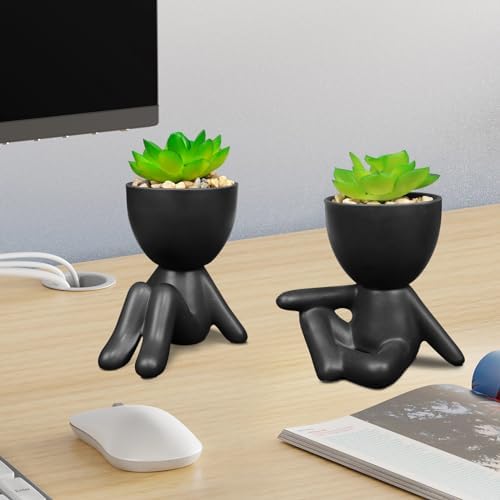 Pack of 4 Matte Black Faux Plants with Human Shaped Pots
