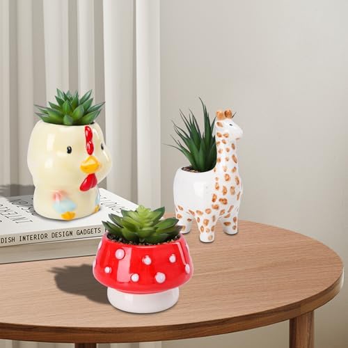 Chonsun Set of 3 Small Fake Succulent Plants in Cute Animal Ceramic Pots
