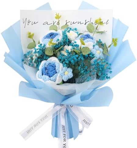 Handmade Crochet Blue Rose and Gypsophila Bouquet
