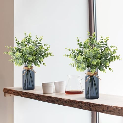 Leftover 8 Pcs Faux Eucalyptus Stems in Black Glass Vase