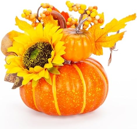 BigOtters 7 Inch Artificial Pumpkin with Sunflower and Maple Leaves