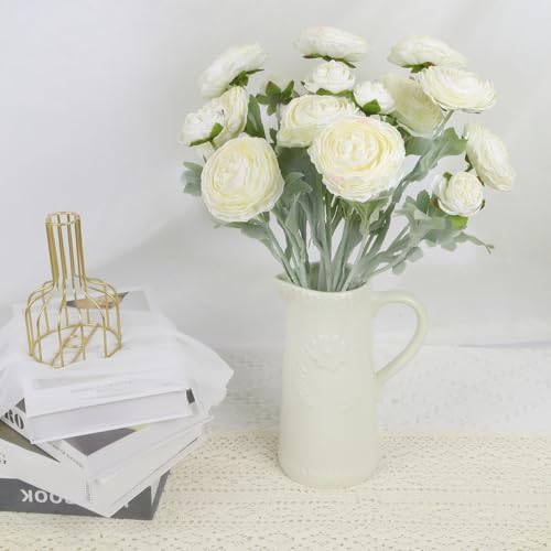 IPOPU White Silk Ranunculus Artificial Flowers 5PCS with Stems