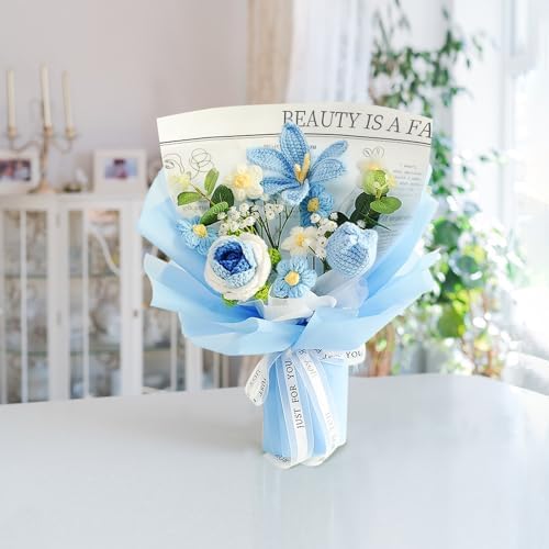 Crochet Flower Bouquet with Rose and Tulips Blue