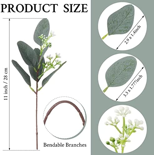 Janinka 100 Pcs Mixed Eucalyptus Artificial Leaves with White Seeds and Stems