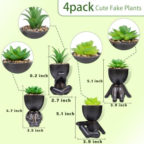Pack of 4 Matte Black Faux Plants with Human Shaped Pots