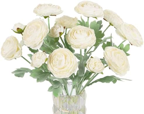 IPOPU White Silk Ranunculus Artificial Flowers 5PCS with Stems