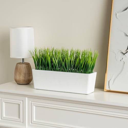 MyGift 14 Inch Artificial Green Grass in White Concrete Planter