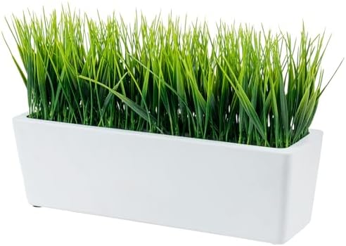 MyGift 14 Inch Artificial Green Grass in White Concrete Planter