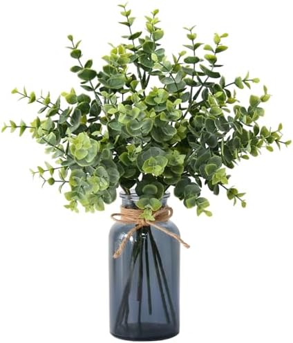 Leftover 8 Pcs Faux Eucalyptus Stems in Black Glass Vase