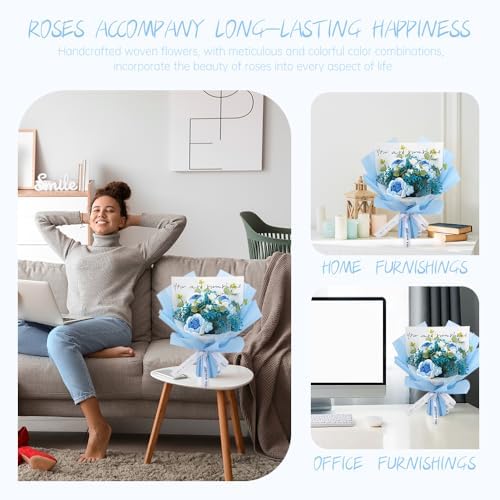 Handmade Crochet Blue Rose and Gypsophila Bouquet