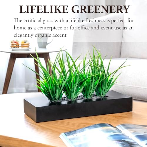 MyGift Artificial Grass Plants in Black Wood Planter