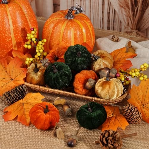 Artmag Fall Decor Set 25PCS Artificial Pumpkins Leaves Cones Berries