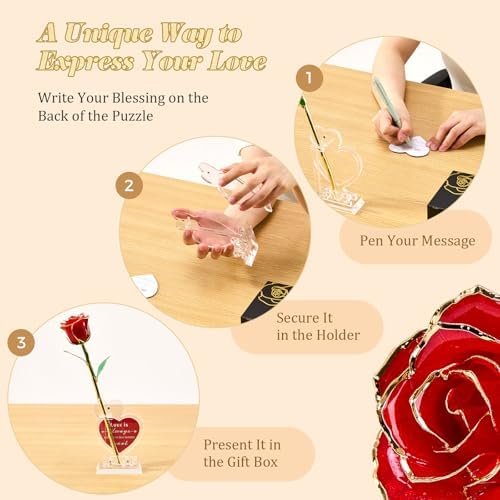 Mikasol Real 24K Gold Dipped Rose with Heart Puzzle Base