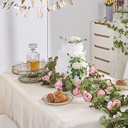 PONKING Artificial Rose Vine Flower Garland with Green Leaves