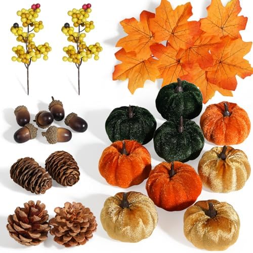 Artmag Fall Decor Set 25PCS Artificial Pumpkins Leaves Cones Berries