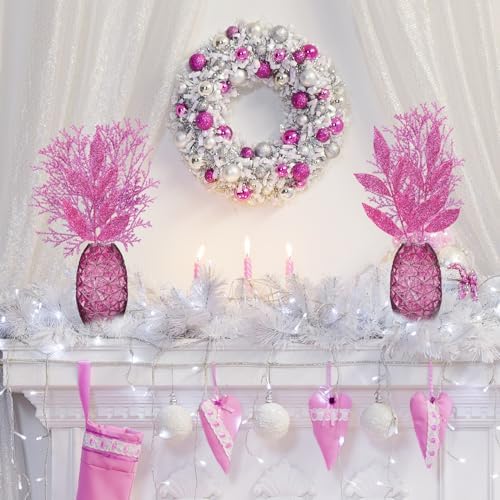 Winlyn 30 Pcs Pink Glitter Christmas Decor Artificial Leaf Sprays