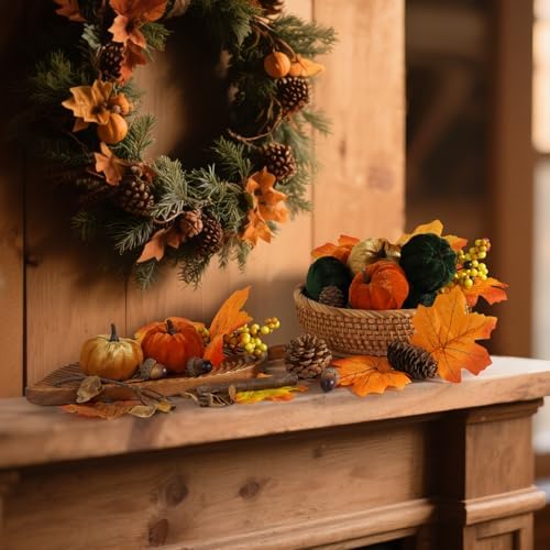 Artmag Fall Decor Set 25PCS Artificial Pumpkins Leaves Cones Berries