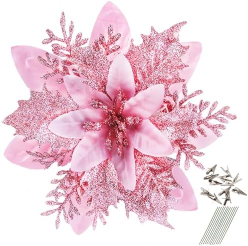 GREENTIME 12 Pcs Pink Glitter Poinsettia Artificial Christmas Flowers with Clips