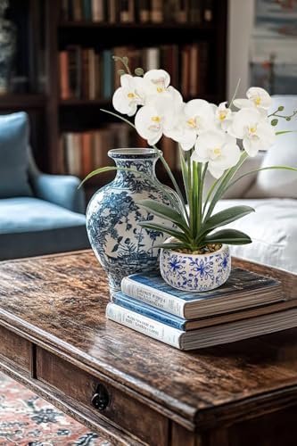 Oairse White Orchids Artificial Flowers in Blue Pot