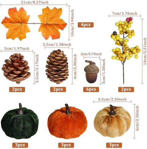 Artmag Fall Decor Set 25PCS Artificial Pumpkins Leaves Cones Berries