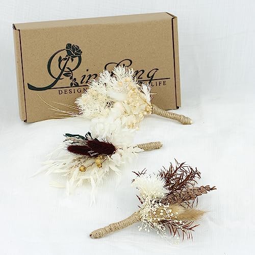 Rinlong 6Pcs Assorted Dried Flower Boutonniere for Men