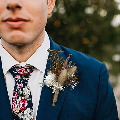Rinlong 6Pcs Assorted Dried Flower Boutonniere for Men